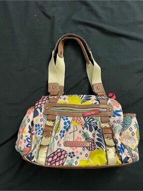 Lily Bloom Pink Floral Canvas Shoulder Bag with Multicolor Leaf Print